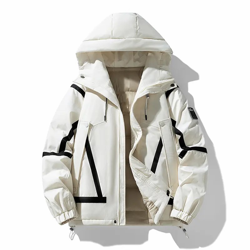 Mens-Outdoor-Casual-Stripe-Pattern-Drawstring-Hooded-Down-Jacket