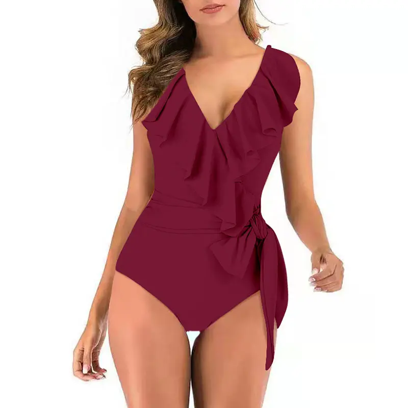 Damski-Jednoczęściowy-stroj kąpielowy z falbaną-V-Neck-Wyszczuplanie brzucha-Kostium kąpielowy-Chusta-Monokini-Swimwe-11