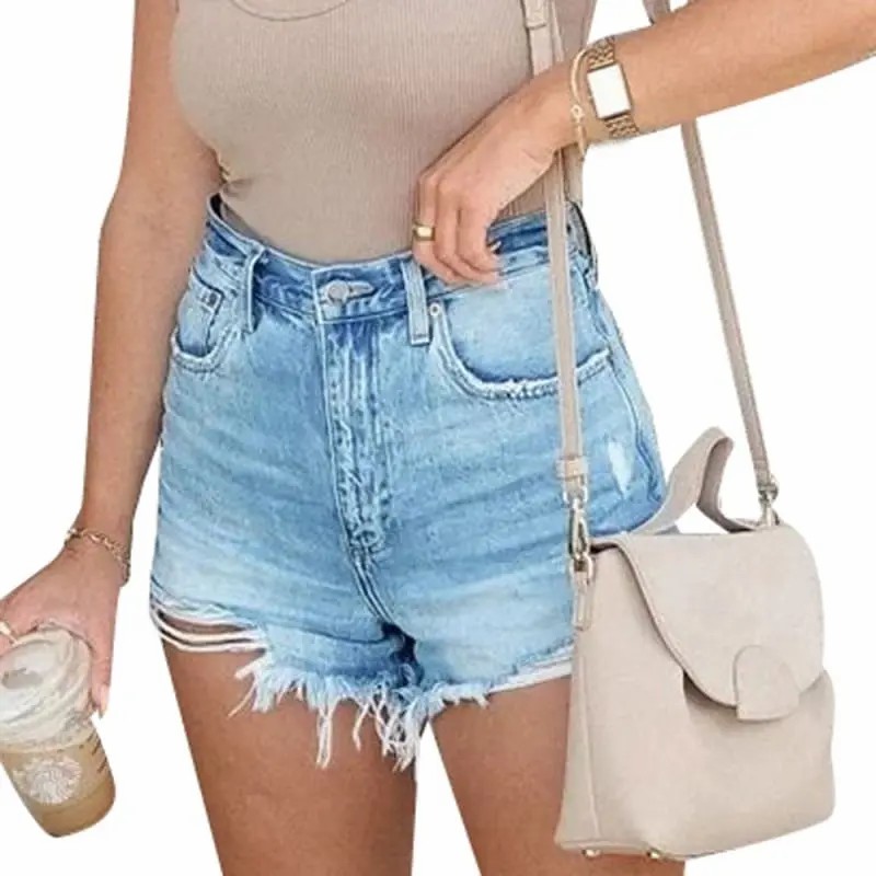 Cov poj niam-Denim-Shorts-Lub caij ntuj sov-Ripped-Raw-Cut-Hem-Kev ntxhov siab-Strechy-Jean-Shorts-31