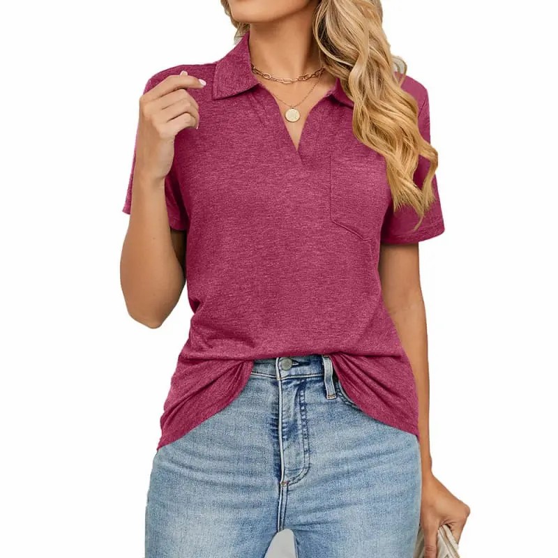 Femmes-Col en V-Polo-Shirts-Manches courtes-Collier-Hauts-Ample-Décontracté-Tunique-Blouses-avec-Poche-4